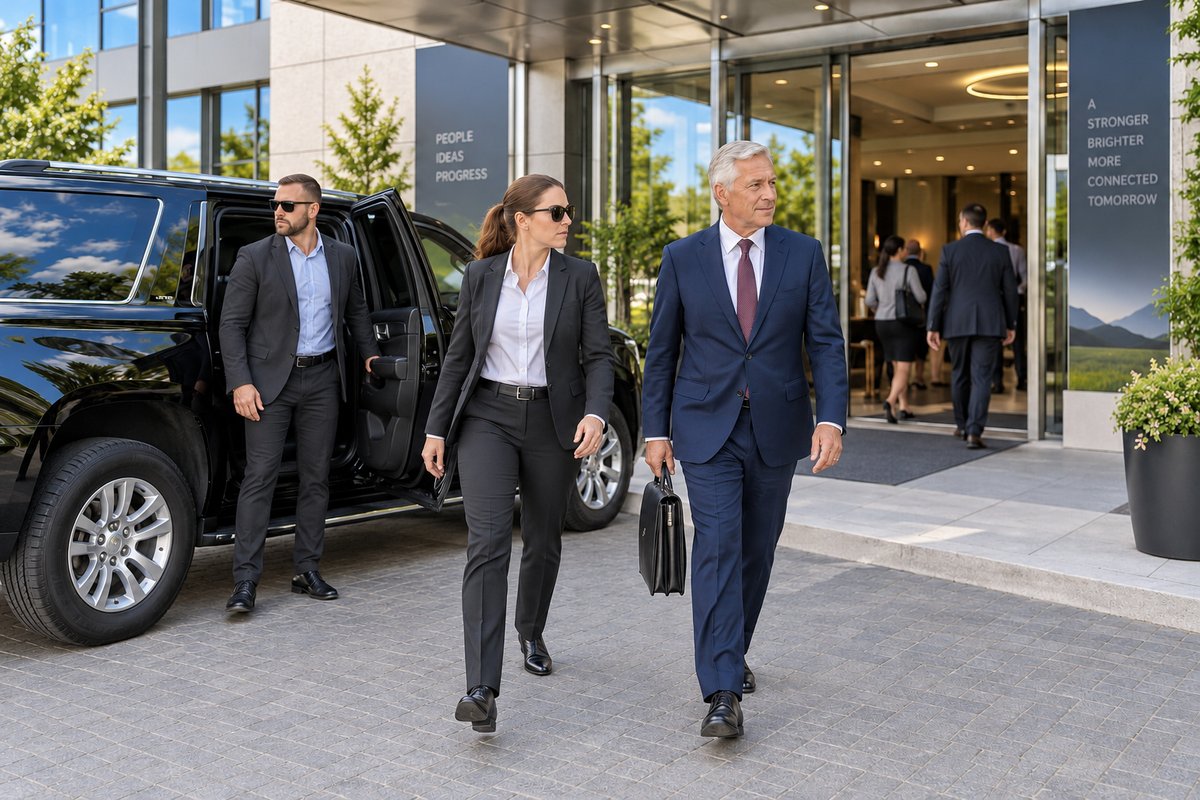 Executive protection agents escorting an executive from an office building to a waiting SUV