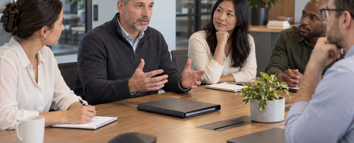 Corporate security team briefing in an office