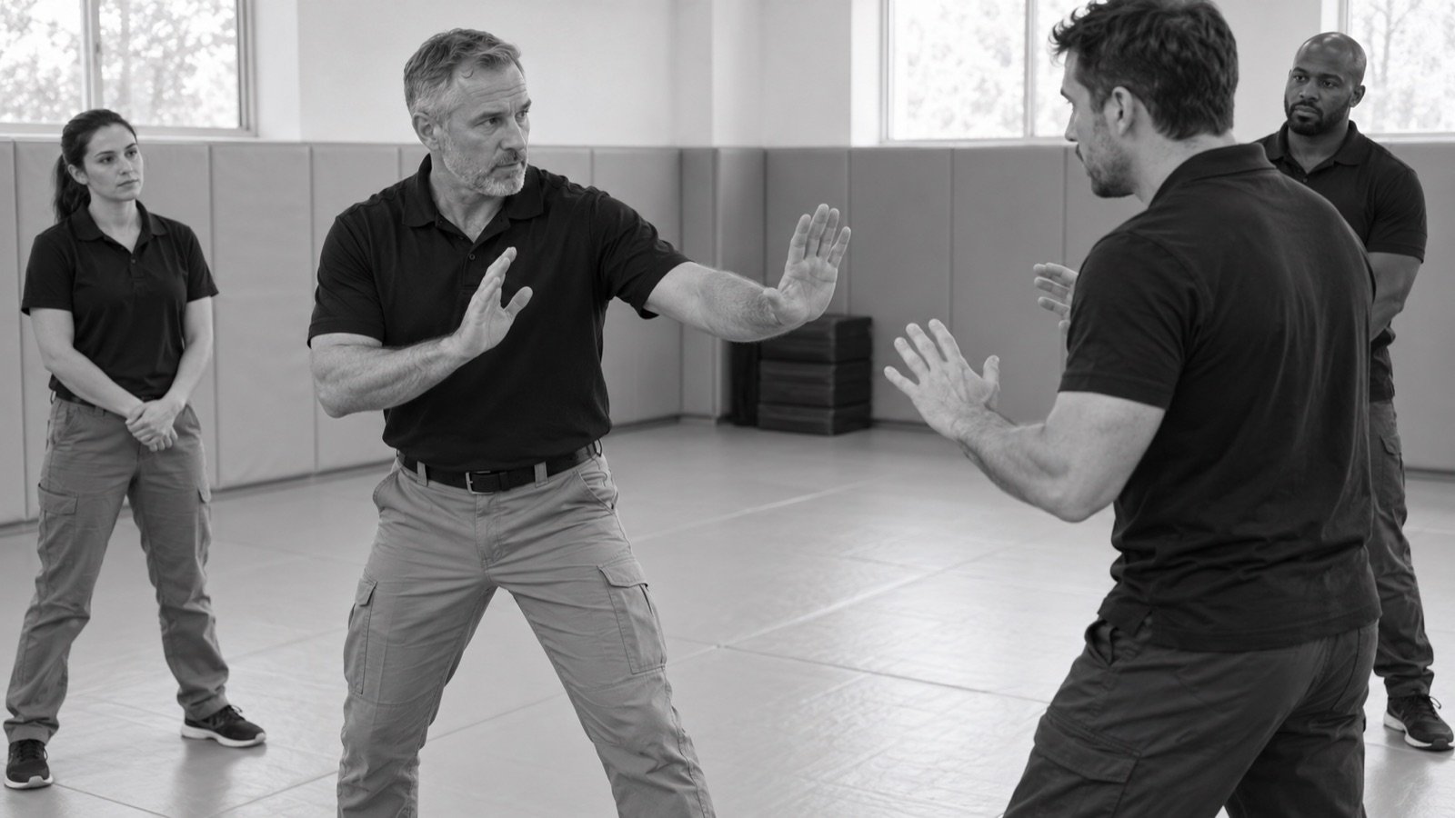 Instructor coaching an open-hand spacing drill in defensive tactics training