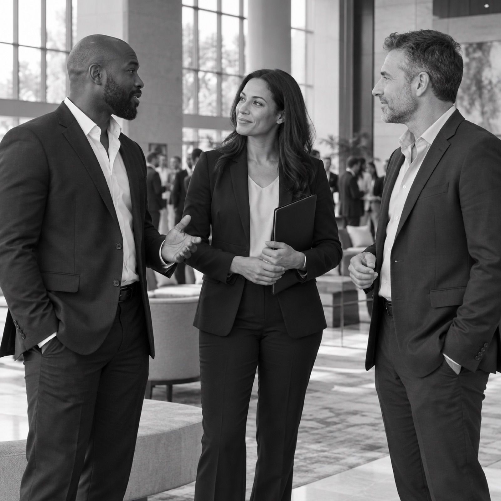 Executive protection professionals talking at a networking event