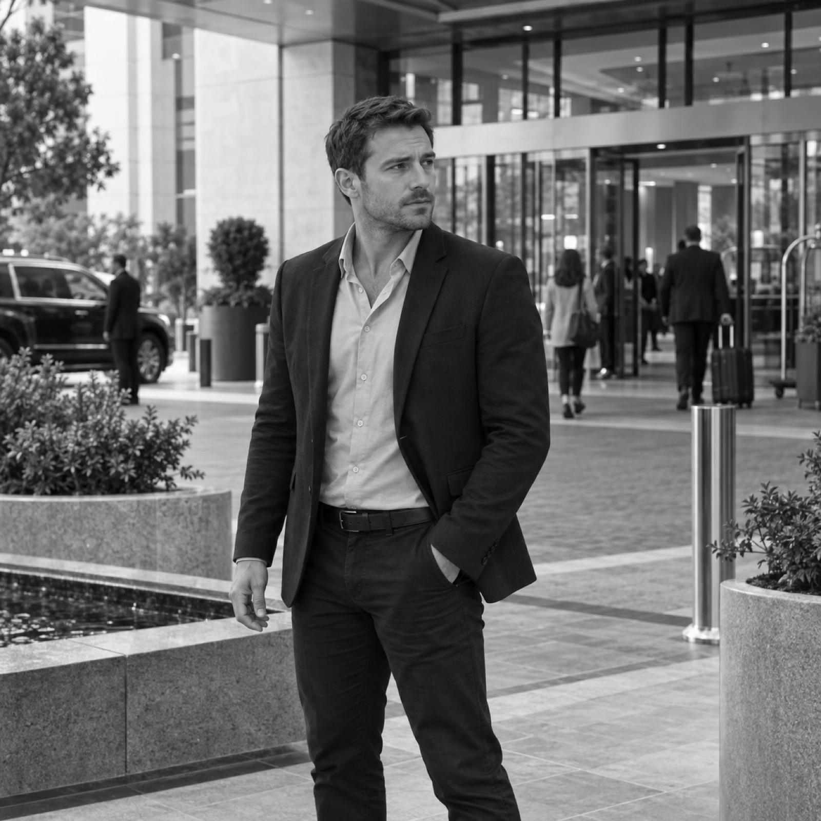 Protection agent conducting overwatch on a city plaza