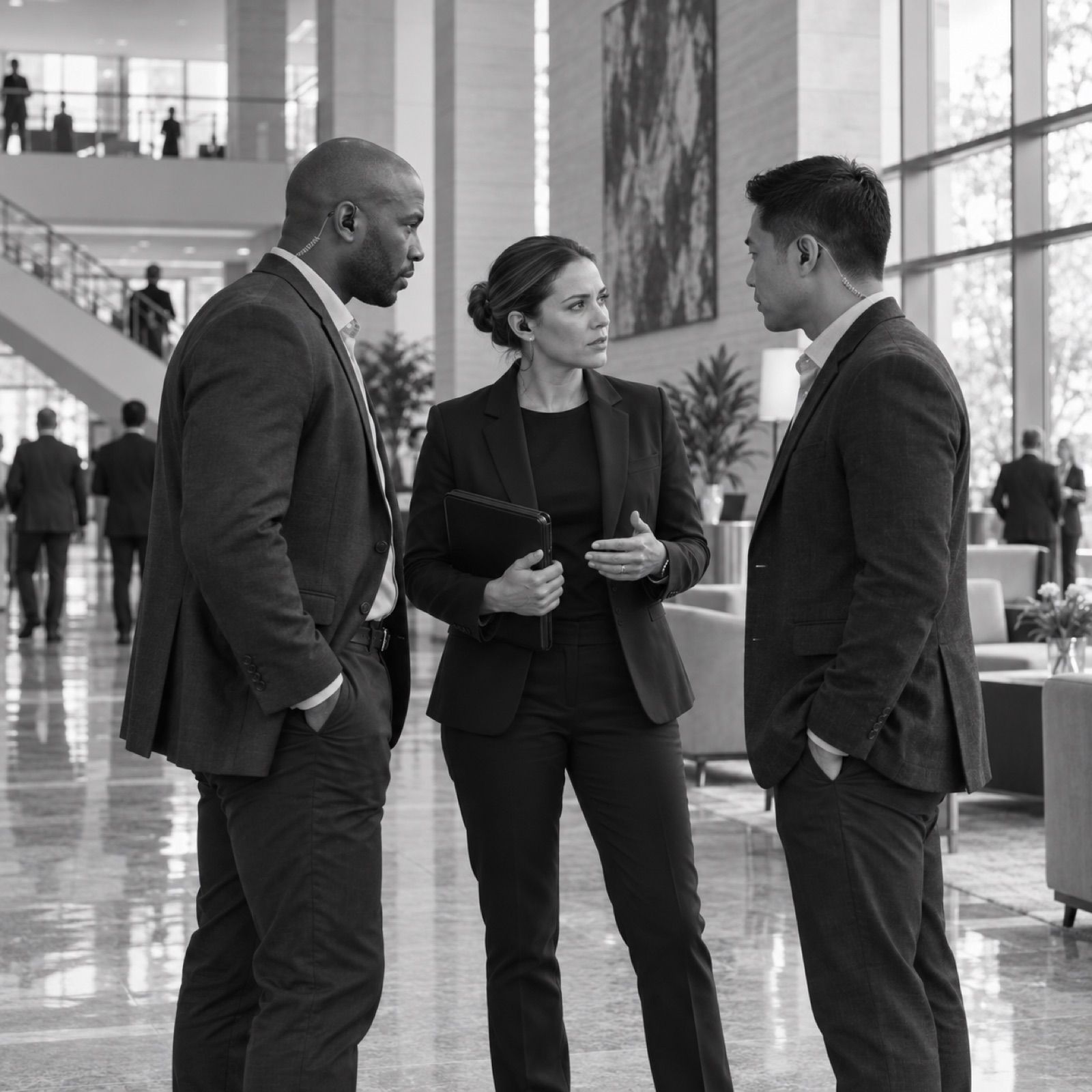 Three protection agents huddling in a lobby