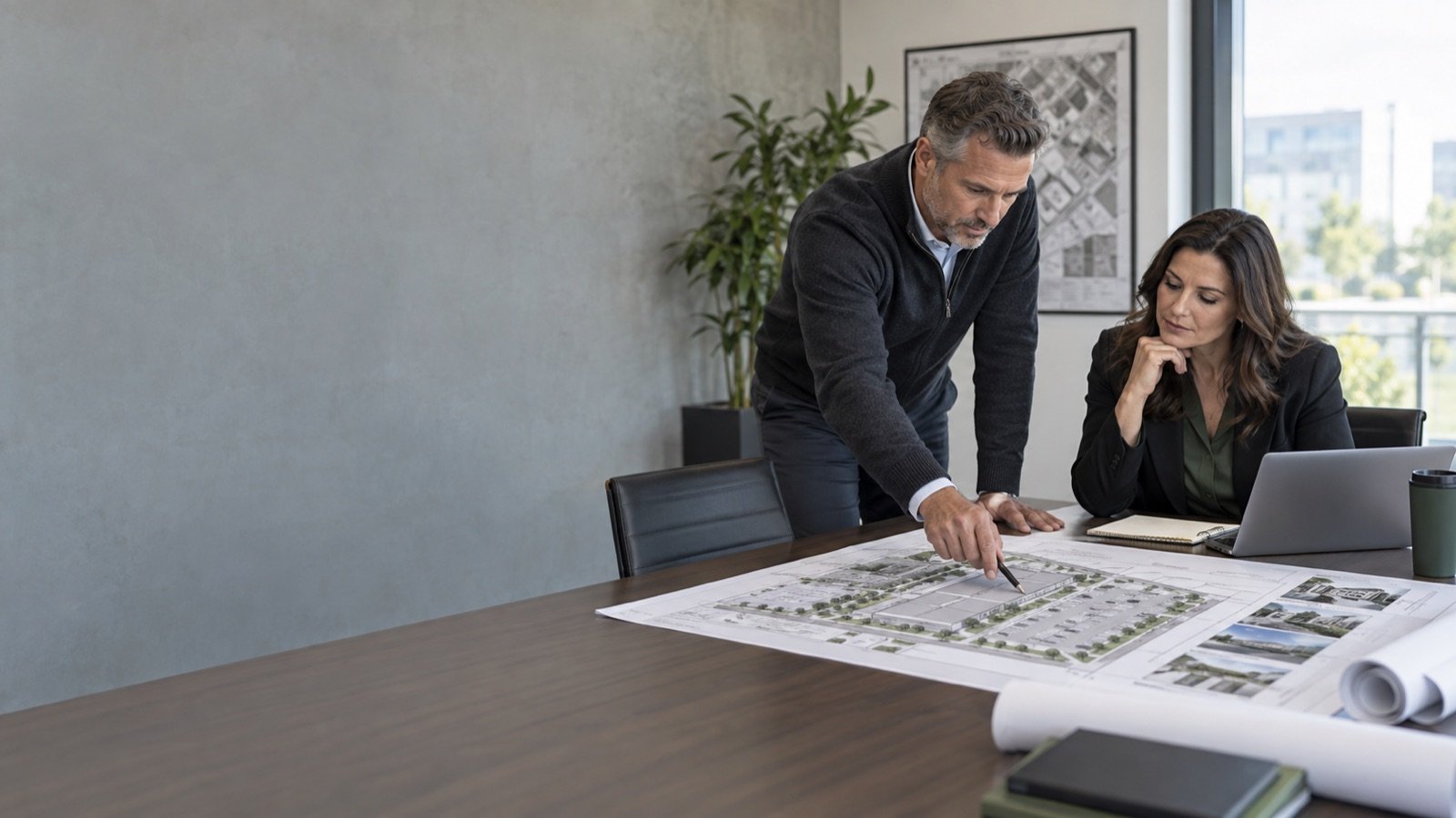 Security consultants reviewing site plans with a client