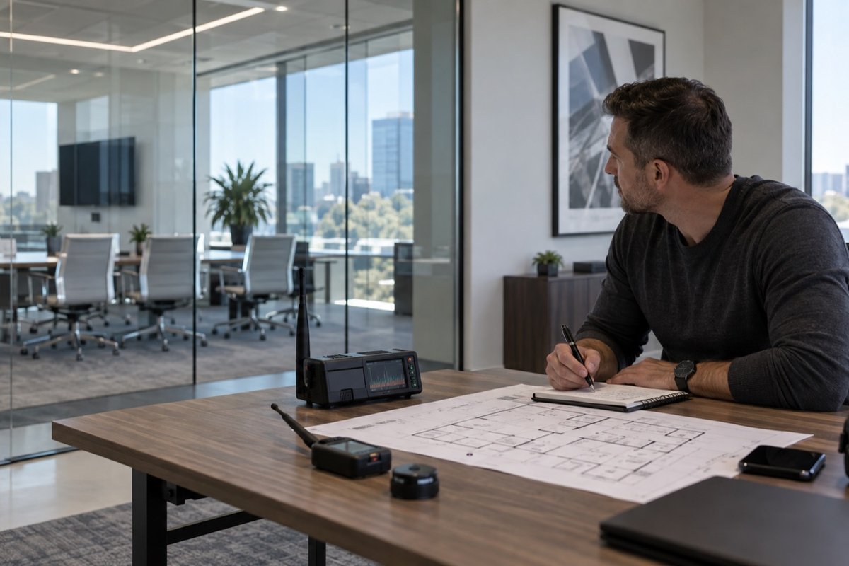 Security specialist reviewing office floor plans