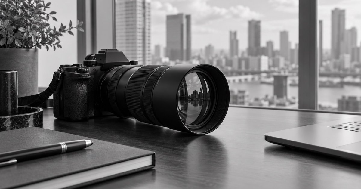 Telephoto surveillance camera on an investigator's desk