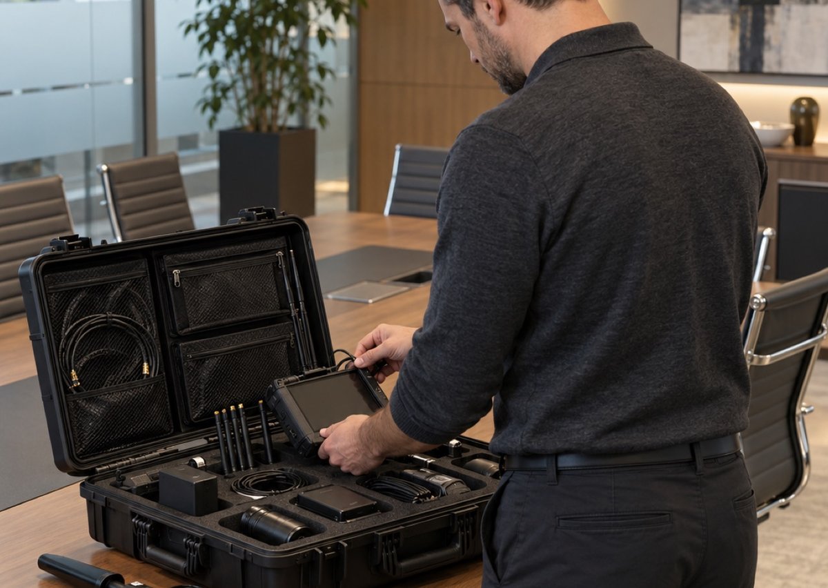 TSCM technician opening an inspection equipment case in a boardroom