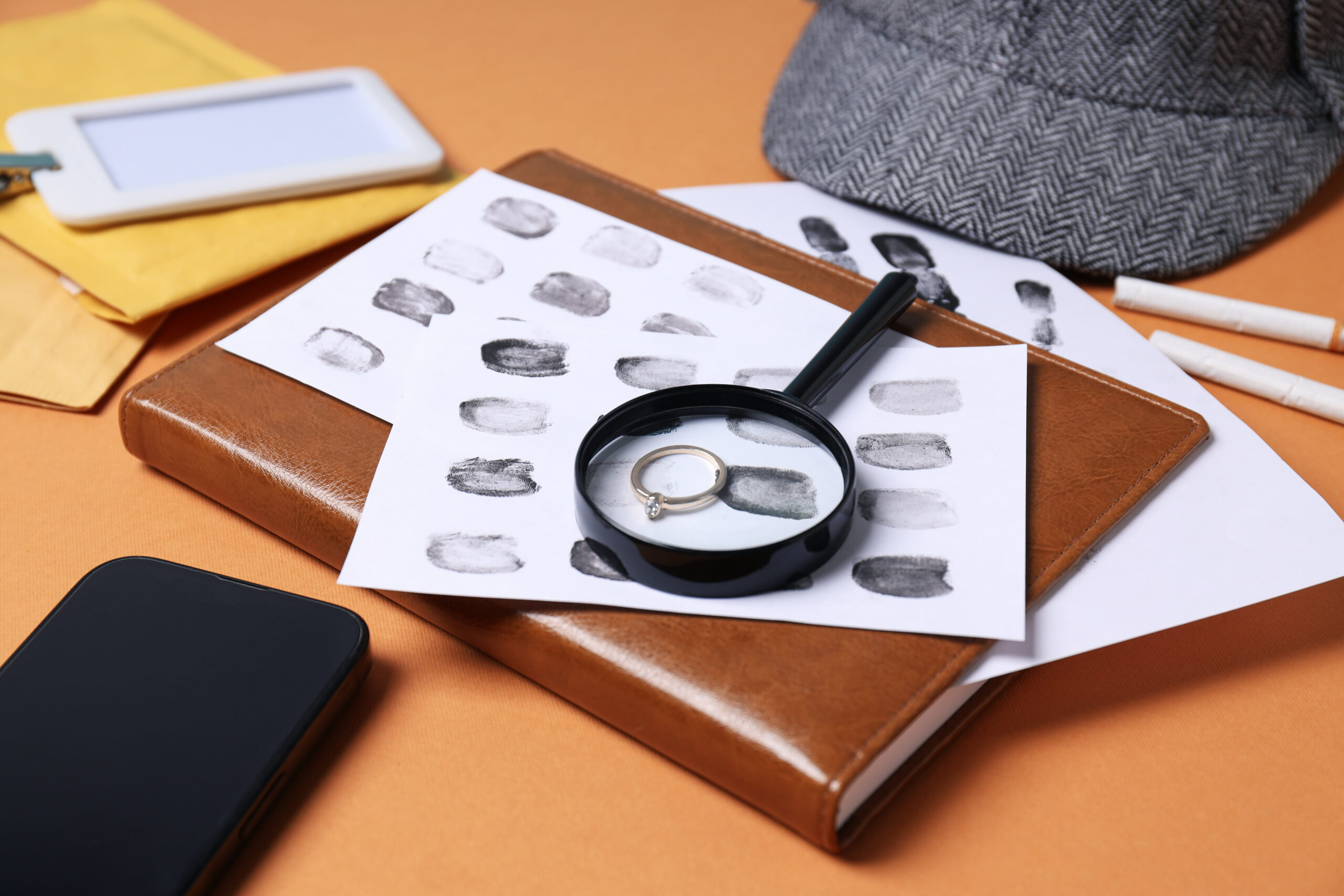 Magnifying glass with hat, fingerprints and cigarettes Magnifying glass with hat, fingerprints and cigarettes