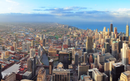 Chicago downtown aerial panorama view at sunset with skyscrapers and city skyline at Michigan lakefront with colorful cloud.