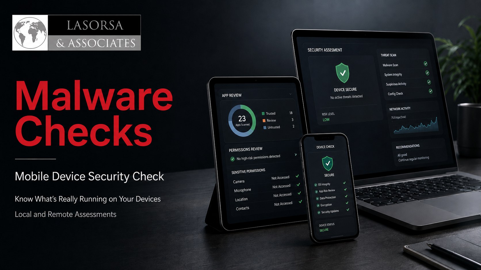 Mobile device malware and spyware security check on phone, tablet and laptop